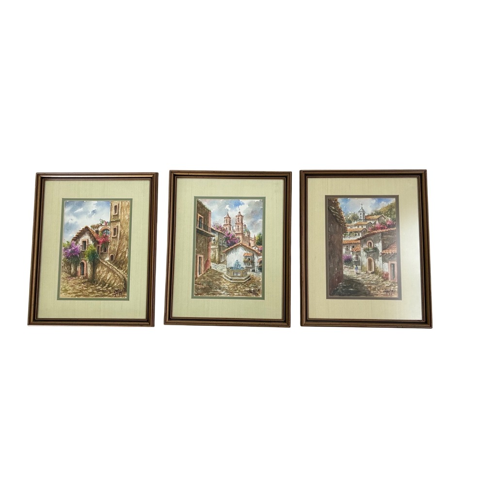 Vintage Chicho Signed Watercolor Paintings Set of 3 Village Scenes Framed 1988